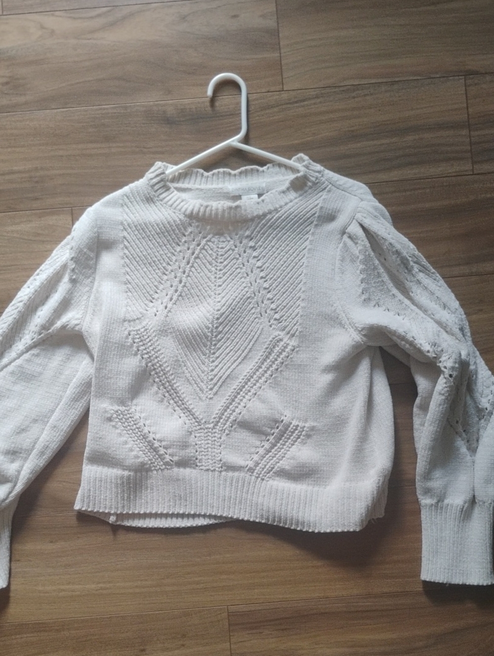 Cynthia Rowley Cream Cable-Knit Crewneck with Puff Sleeves